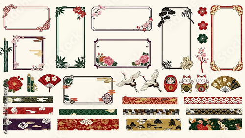 Vector set of traditional Japanese decorative frames, borders, cultural ornaments. Features cherry blossoms, cranes, Daruma, lucky cat symbols, Asian-themed designs