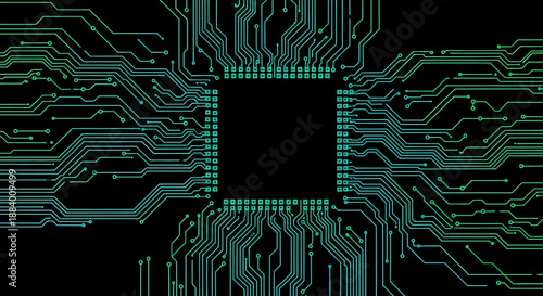 Digital circuit board with glowing green lines on a black background, symbolizing technology and connectivity