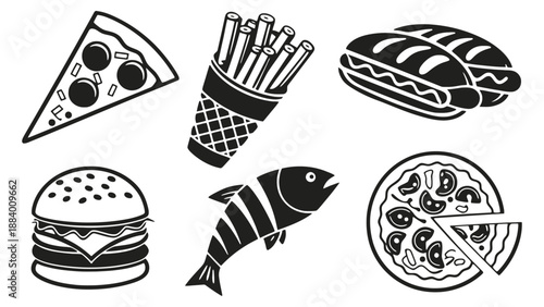 A black and white illustration of various fast food items
