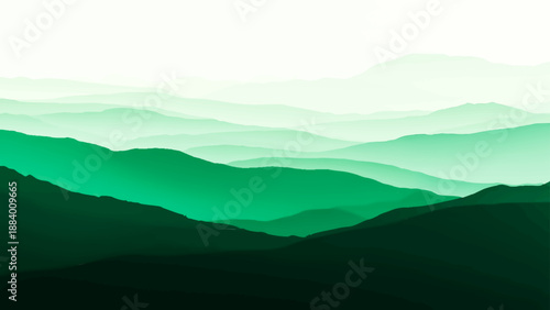 A misty mountain landscape at sunrise features a vast range of blue hills and forest valleys beneath a sky filled with glowing clouds and morning fog