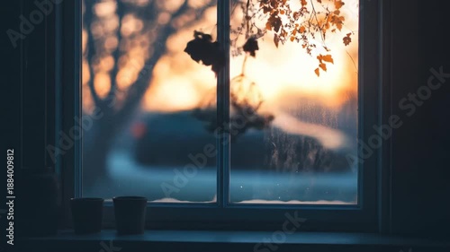 Window view of sunset with tree silhouette and warm light