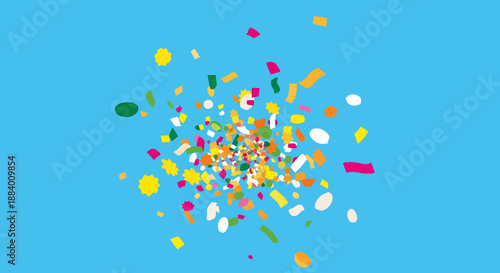 Dynamic burst of multicolored abstract fragments scattering across a cheerful blue backdrop, evoking joy, celebration, and playful energy for festive design projects