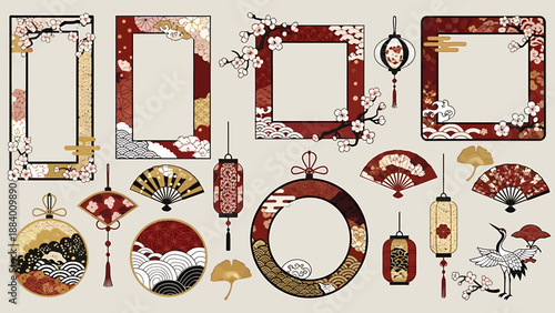Exquisite Collection of Japanese Traditional Decorative Elements with Cherry Blossom Frames, Oriental Lanterns, and Elegant Fans