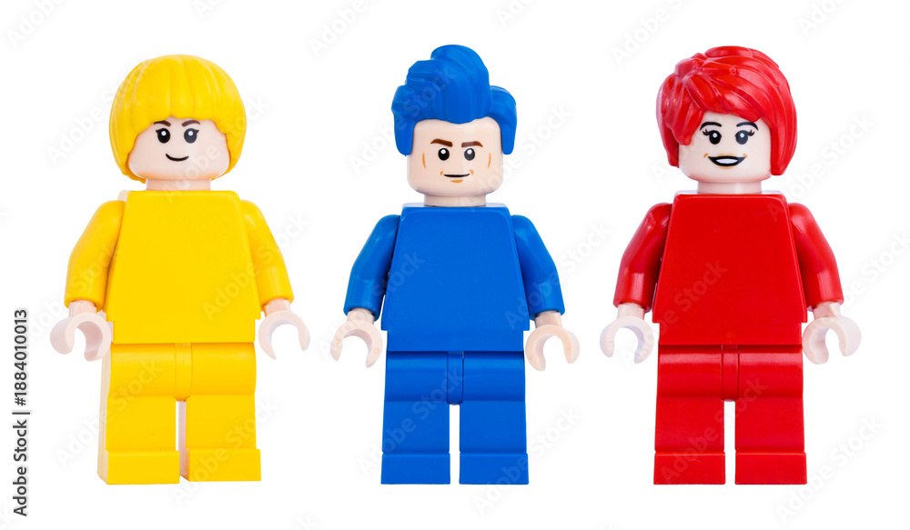 Fototapeta premium Dortmund - Deutschland 19. Januar 2026 - Lego Minifigur in gelb, blau und rot
