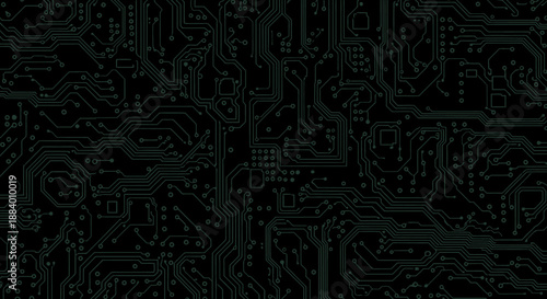 Abstract dark background featuring intricate green circuit board patterns, symbolizing digital data flow, modern technology infrastructure, and electronic connectivity for various applications