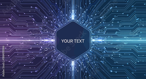 Dynamic abstract technological background featuring an intricate circuit board pattern with glowing blue and purple connections and a central editable text box, ideal for data visualization