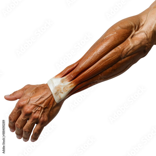 Man arm with bandage on it wrist and hand holding the arm.