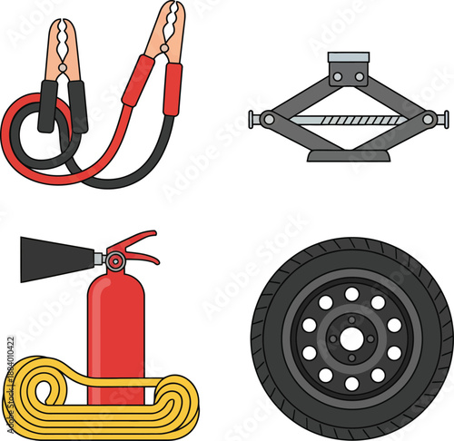 Car Emergency Kit Jumper Cables Jack Fire Extinguisher Spare Tire with White Background