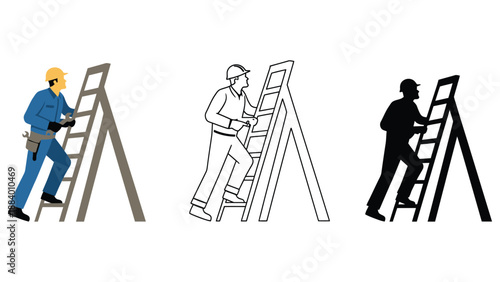 Three workers climbing ladders in different colors and styles
