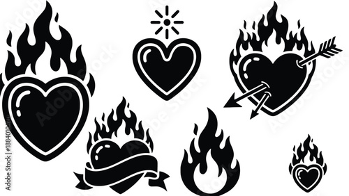 A collection of heart symbols with flames and an arrow