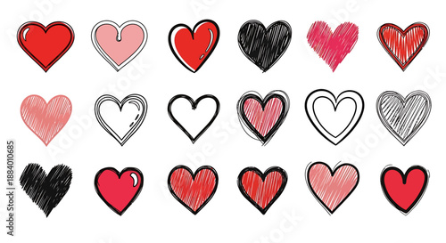 Collection of Hand-Drawn and Outline Heart Shapes in Various Red Hues, symbolizing love and affection, perfect for graphic design and creative projects