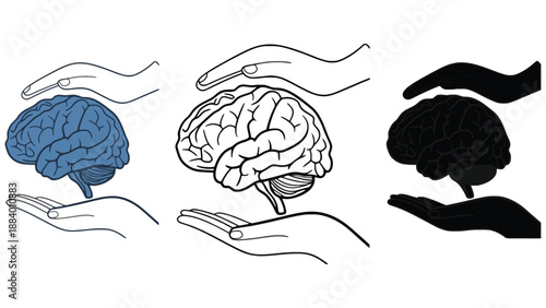 An illustration of a brain being held in different colors and styles