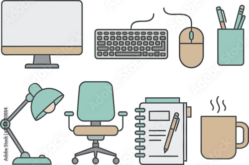 Office Desk Supplies Computer Keyboard Mouse Desk Lamp Office Chair Notebook and Pen Hot Coffee Mug on