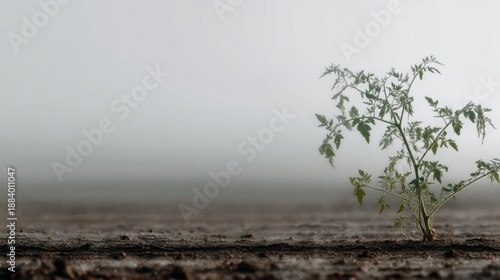 Small plant with green leaves growing out of the ground. the plant appears to be a tomato plant with thin stems and small leaves.
