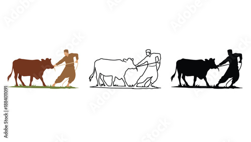 A man plowing a field with a cow in different colored silhouettes