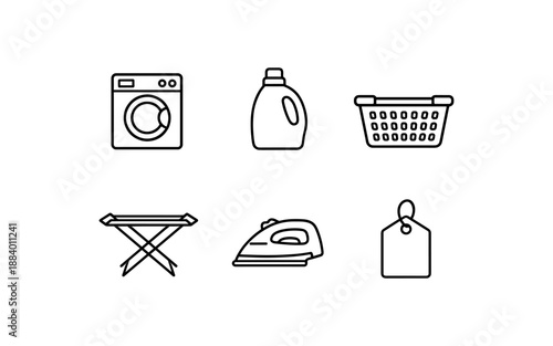 Set of simple line icons representing laundry and cleaning supplies and equipment