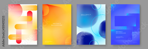 A collection of four abstract background posters featuring geometric shapes like circles and rounded bars with soft gradients in warm yellow red and cool blue tones