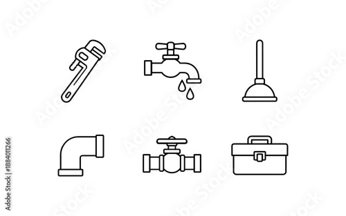 Plumbing tools and equipment icons: wrench, faucet, plunger, pipe, valve, toolbox