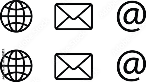 Internet globe email envelope and at symbol icons vector illustration set representing communication contact networking digital technology concepts online services