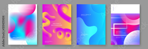 Four abstract designs featuring 3D fluid pipe shapes in pink and yellow along with cyan wavy patterns and purple blurred focal points