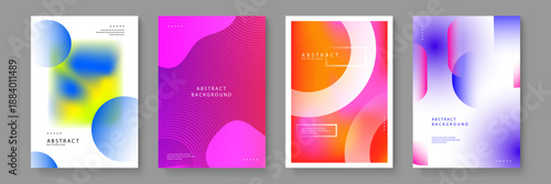 Set of four layouts including blurred yellow-blue centers purple organic waves and orange circular frames with a clean white aesthetic