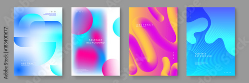 Set of four serene abstract posters with light blue geometric overlays pink-blue blurry spheres and 3D fluid yellow-pink tube shapes