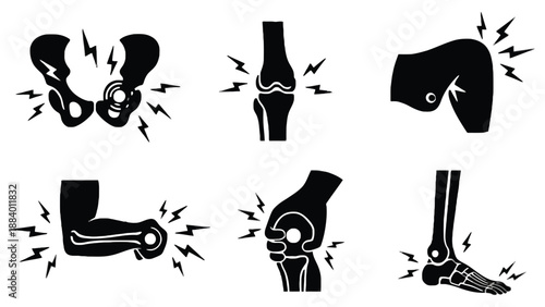 A collection of black and white illustrations depicting various joint pains