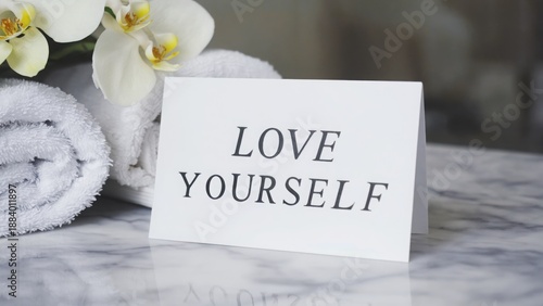 Love yourself card with white towels and orchids on marble