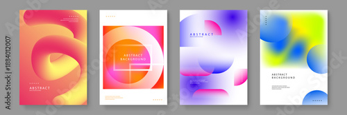 A set of posters with a thick yellow 3D wave on red, circular white frames, and blue-green blurry textures