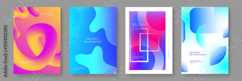 Blue and purple abstract backgrounds featuring 3D pink/yellow coils, wavy line patterns, and square frame overlays