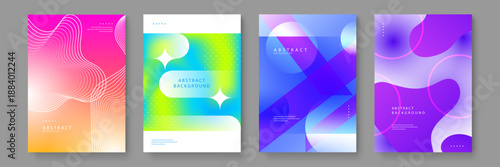 Sleek abstract poster designs utilizing blue and purple diagonal transparency layers alongside pink topographic line art