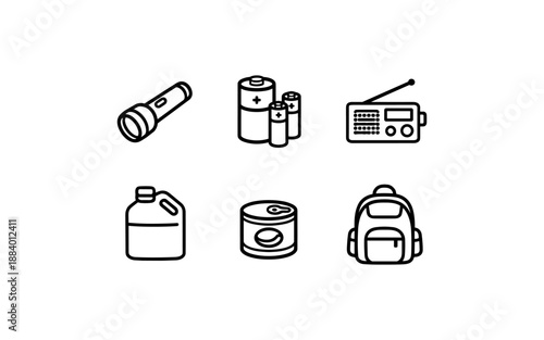 Emergency preparedness kit icons: flashlight, batteries, radio, fuel, food, and backpack