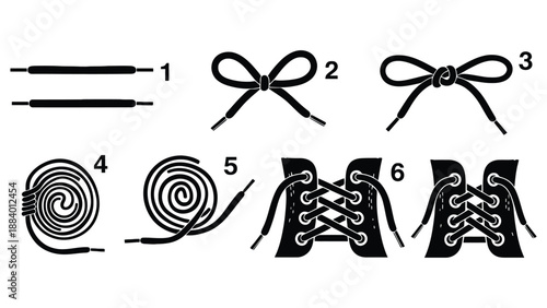 A detailed illustration of various shoelace arrangements and tying techniques