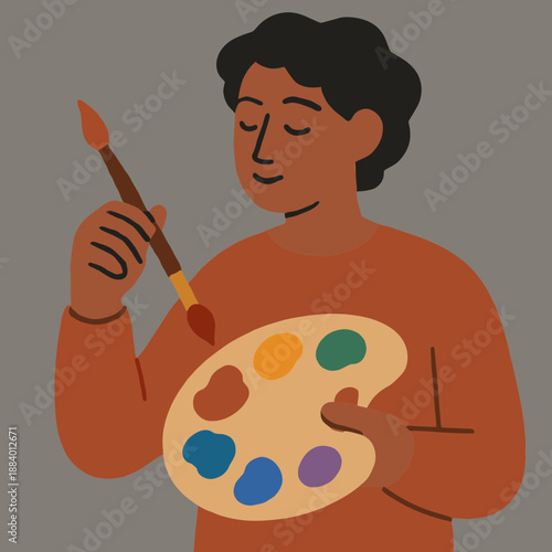 Artist painting on canvas flat vector
