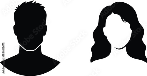 Male and female avatar silhouette portraits minimal black vector illustration for user profiles identity icons branding design use web apps
