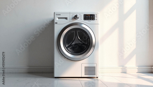 Photorealistic standalone dryer in modern laundry room interior