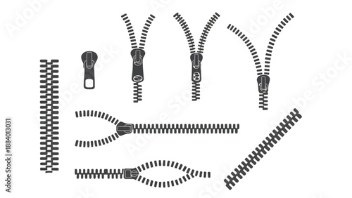 A set of various zipper illustrations in black and white