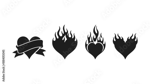 A set of four black heart icons with different designs on a white background