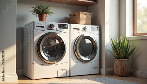 Photorealistic modern laundry room with washing machine and dryer