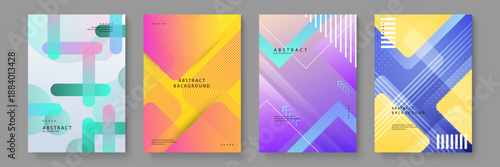 Four diverse abstract poster designs utilizing vibrant yellow blue and purple color palettes with geometric overlays