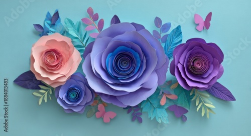 Mint background featuring paper flowers and leaves in soft pastel hues