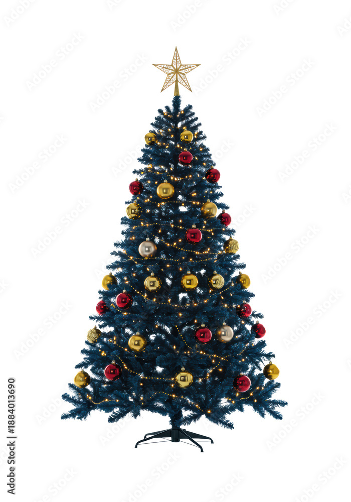 Obraz premium majestic, perfectly symmetrical, midnight blue flocked christmas tree adorned with polished gold, silver, and cranberry ornaments, warm led lights, on a transparent cyclorama background with copy