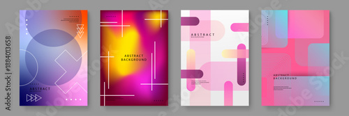 Set of abstract posters with soft pastel gradients blurred backgrounds and sharp white geometric line frames