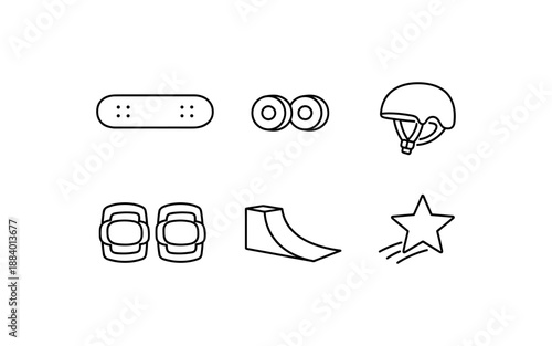 Collection of simple line art icons representing skateboarding equipment and symbols