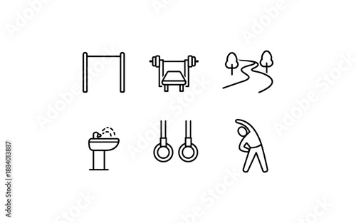 Outdoor fitness equipment and park amenities icons for healthy lifestyle and recreation