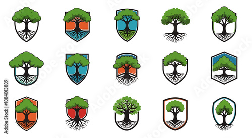 A collection of shield emblems featuring stylized trees with prominent root systems, representing strength, growth, and nature