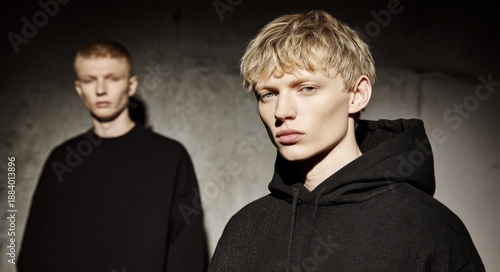 Dark hoodies‑clad, the two people display moody, striped light across their torsos