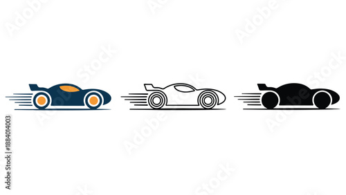 Three racing cars speeding in a line on a white background