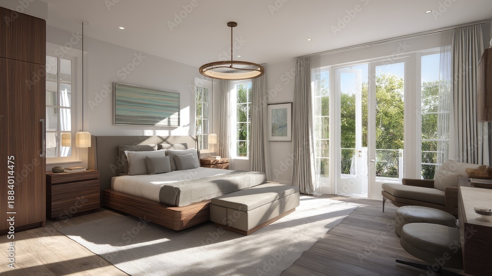Fototapeta premium Modern Bright Bedroom with Large Windows and Stylish Decor for Relaxation and Comfort