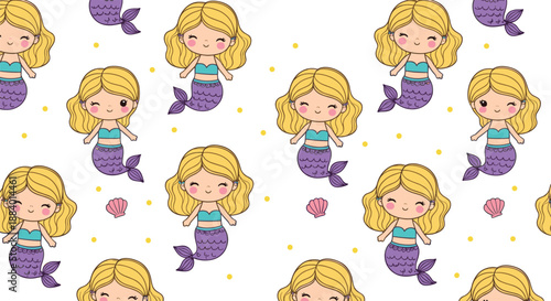 Cute blonde mermaid seamless pattern vector illustration with smiling cartoon girls, shells, and playful pastel underwater fantasy style